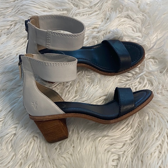 Frye Shoes - Frye Black and White Ankle Strap Heels size 7.5 very good condition zipper back